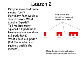 Lesson 2
• Did you know that ‘pede’
  means ‘foot’?
                                      Hint: write the
  How many feet would a               number of squares
  4-pede have? What                   beside each Pede.
  about a 5-pede?
  Tell me how many
  squares a 1-pede has?
  How many squares does
  a 2-pede have?
  What about a 3-pede?
  (Put the numbers of
  squares beside the
  insects). 
                             Copy the questions and use a
                             different colour for your answers.
 