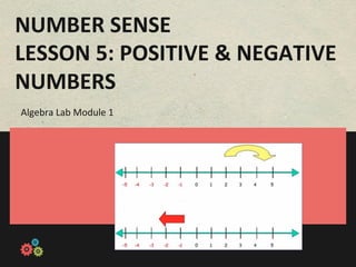 NUMBER	
  SENSE	
  
LESSON	
  5:	
  POSITIVE	
  &	
  NEGATIVE	
  
NUMBERS	
  
Algebra	
  Lab	
  Module	
  1	
  
 