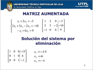 MATRIZ AUMENTADA Solución del sistema por eliminación 5 