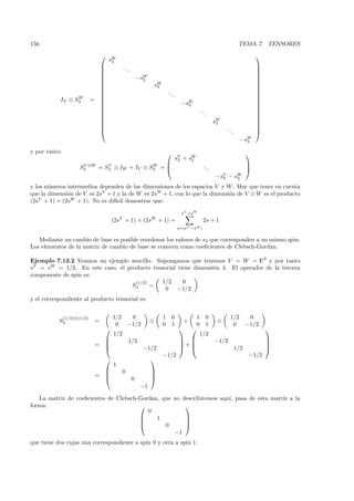 156                                                                                                                               TEMA 7. TENSORES
                                                                                                                                          
                                         sW
                                          3
                                                 ..                                                                                       
                                                      .                                                                                   
                                                                                                                                          
                                                              −sW                                                                         
                                                                3                                                                         
                                                                        sW                                                                
                                                                         3                                                                
                                                                                 ..                                                       
                                                                                      .                                                   
                 W
           IV ⊗ S3           =                                                                                                            
                                                                                           −sW                                            
                                                                                             3                                            
                                                                                                     ..                                   
                                                                                                          .                               
                                                                                                                                          
                                                                                                                  sW                      
                                                                                                                   3                      
                                                                                                                       ..                 
                                                                                                                            .             
                                                                                                                                   −sW
                                                                                                                                     3

y por tanto:                                                                                                                          
                                                                                       sV + sW
                                                                                        3    3
                                                                                                        ..                            
                      S3 ⊗W = S3 ⊗ IW + IV ⊗ S3 = 
                       V       V              W
                                                                                                               .                       
                                                                                                                   −sV − sW
                                                                                                                     3    3

y los n´ meros intermedios dependen de las dimensiones de los espacios V y W . Hay que tener en cuenta
       u
que la dimensi´n de V es 2sV + 1 y la de W es 2sW + 1, con lo que la dimensi´n de V ⊗ W es el producto
               o                                                            o
(2sV + 1) × (2sW + 1). No es dif´ demostrar que:
                                ıcil

                                                                                            s V +sW
                                              V                      W
                                         (2s + 1) × (2s                   + 1) =                         2s + 1
                                                                                           s=|sV −sW |

   Mediante un cambio de base es posible reordenar los valores de s3 que corresponden a un mismo spin.
Los elementos de la matriz de cambio de base se conocen como coeﬁcientes de Clebsch-Gordan.

Ejemplo 7.13.2 Veamos un ejemplo sencillo. Supongamos que tenemos V = W = C2 y por tanto
sV = sW = 1/2. En este caso, el producto tensorial tiene dimensi´n 4. El operador de la tercera
                                                                o
componente de spin es:
                                   (1/2)     1/2     0
                                  S3     =
                                              0    −1/2
y el correspondiente al producto tensorial es:


               (1/2)⊗(1/2)                1/2           0                     1       0        1           0              1/2           0
           S3                    =                                   ⊗                      +                       ⊗
                                           0           −1/2                   0       1        0           1               0           −1/2
                                                                                                                                            
                                          1/2                                                         1/2
                                                      1/2                                                       −1/2                        
                                 =                                                        +                                                 
                                                               −1/2                                                           1/2           
                                                                              −1/2                                                      −1/2
                                                                    
                                          1
                                                 0                  
                                 =                                  
                                                          0         
                                                                −1

   La matriz de coeﬁcientes de Clebsch-Gordan, que no describiremos aqu´ pasa de esta matriz a la
                                                                       ı,
forma:                                                
                                          0
                                            1         
                                                      
                                               0      
                                                   −1
que tiene dos cajas una correspondiente a spin 0 y otra a spin 1.
 