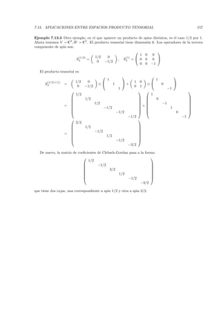 7.13. APLICACIONES ENTRE ESPACIOS PRODUCTO TENSORIAL                                                               157

Ejemplo 7.13.3 Otro ejemplo, en el que aparece un producto de spins distintos, es el caso 1/2 por 1.
Ahora tenemos V = C2 , W = C3 . El producto tensorial tiene dimensi´n 6. Los operadores de la tercera
                                                                   o
componente de spin son:
                                                                        
                                                               1 0 0
                         (1/2)     1/2    0           (1)
                        S3     =                 , S3 =  0 0 0 
                                    0   −1/2
                                                               0 0 −1

   El producto tensorial es:
                                                                                                   
                                                 1                                      1
       (1/2)×(1)           1/2 0                                       1    0
      S3           =                     ⊗            1        +              ⊗          0         
                            0 −1/2                                     0    1
                                                            1                                    −1
                                                                                                            
                           1/2                                                      1
                                1/2                                                  0                      
                                                                                                            
                                      1/2                                                −1                 
                   =                                                      +                                 
                                             −1/2                                              1            
                                                                                                            
                                                          −1/2                                     0        
                                                                    −1/2                                  −1
                                                                          
                           3/2
                                1/2                                       
                                                                          
                                      −1/2                                
                   =                                                      
                                                1/2                       
                                                                          
                                                          −1/2            
                                                                    −3/2

   De nuevo, la matriz de coeﬁcientes de Clebsch-Gordan pasa a la forma:
                                                                    
                                1/2
                                     −1/2                           
                                                                    
                                            3/2                     
                                                                    
                                                 1/2                
                                                                    
                                                      −1/2          
                                                               −3/2

que tiene dos cajas, una correspondiente a spin 1/2 y otra a spin 3/2.
 