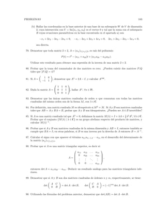 PROBLEMAS                                                                                                 183

     (b) Hallar las coordenadas en la base anterior de una base de un subespacio W de V de dimensi´n   o
         2, cuya intersecci´n con U = lin{u1 , u2 , u3} es el vector 0 y tal que la suma con el subespacio
                           o
         R cuyas ecuaciones param´tricas en la base encontrada en el apartado a) son
                                   e

             −x1 + 3x2 − 3x3 − 2x4 = 0,      −x1 − 3x2 + 3x3 + 4x4 = 0,          3x1 + 2x2 − 2x3 − 5x4 = 0,

         sea directa.

79. Demostrar que toda matriz 2 × 2, A = (aij )1≤i,j≤2 , es ra´ del polinomio
                                                              ız

                                 P (t) = t2 − (a11 + a22)t + (a11 a22 − a12 a21).

    Utilizar este resultado para obtener una expresi´n de la inversa de una matriz 2 × 2.
                                                    o

80. Probar que la traza del conmutador de dos matrices es cero. ¿Pueden existir dos matrices P, Q
    tales que [P, Q] = iI?

                1     0
81. Si A =                , demostrar que A2 = 2A − I, y calcular A100 .
               −1     1
                                      
                         1       1   0
82. Dada la matriz A =  0       1   1 , hallar An , ∀n ∈ IN.
                         0       0   1

83. Demostrar que las unicas matrices cuadradas de orden n que conmutan con todas las matrices
                      ´
    cuadradas del mismo orden son de la forma λI, con λ ∈ C.

84. Por deﬁnici´n, una matriz cuadrada M es idempotente si M 2 = M . Si A y B son matrices cuadradas
               o
    tales que AB = A y BA = B, probar que A y B son idempotentes. ¿Pueden ser A ´ B invertibles?
                                                                                    o

85. Si A es una matriz cuadrada tal que A3 = 0, deﬁnimos la matriz M (λ) = I + λA + 1 λ2 A2 , ∀λ ∈ C.
                                                                                     2
    Probar que el conjunto {M (λ) | λ ∈ C} es un grupo abeliano respecto del producto de matrices, y
    calcular M (λ)−1 .

86. Probar que si A y B son matrices cuadradas de la misma dimensi´n y AB = I, entonces tambi´n se
                                                                    o                          e
    cumple que BA = I; en otras palabras, si B es una inversa por la derecha de A entonces B = A−1 .

87. Calcular el signo con que aparece el t´rmino an1 an−1,2 · · · a1n en el desarrollo del determinante de
                                          e
    la matriz (aij )1≤i,j≤n .

88. Probar que si A es una matriz triangular superior,       es decir si:
                                                                           
                                            a11 a12           ...    a1n
                                          0 a22              ...    a2n    
                                                                           
                                     A= .         .          ..      .     ,
                                          .  .    .
                                                   .             .    .
                                                                      .     
                                                 0     0      ...    ann

    entonces det A = a11 a22 · · · ann . Deducir un resultado an´logo para las matrices triangulares infe-
                                                                a
    riores.

89. Demostrar que si A y B son dos matrices cuadradas de ´rdenes n y m, respectivamente, se tiene:
                                                         o

                          A C                                   C    A
                det              = det A · det B,      det                  = (−1)nm det A · det B.
                          0 B                                   B    0

90. Utilizando las f´rmulas del problema anterior, demostrar que det(AB) = det A · det B.
                    o
 