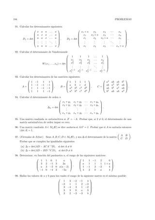 184                                                                                                            PROBLEMAS

 91. Calcular los determinantes siguientes:
                                                                                                                      
                     x a a ... a                                     x1 + a          x2         x3   ···         xn
                  a x a ... a                                       x1          x2 + a       x3   ···         xn      
                                                                                                                      
                                                                                                                      
       D1 = det  a a x . . . a  ,                 D2 = det          x1            x2       x3 + a · · ·       xn      .
                  . . . ..         .                                 .             .          .   ..           .      
                  . . .
                     . . .       . . 
                                    .                                  .
                                                                        .             .
                                                                                      .          .
                                                                                                 .       .        .
                                                                                                                  .      
                     a   a    a    ...   x                              x1           x2         x3   ···       xn + a

 92. Calcular el determinante de Vandermonde
                                                                                                     
                                                           1      1          1        ...      1
                                                          x1     x2         x3       ...     xn      
                                                                                                     
                                                          x2     x2         x2       ...     x2      
                         W (x1, . . . , xn ) = det          1      2          3                n     
                                                           .
                                                            .      .
                                                                   .          .
                                                                              .       ..       .
                                                                                               .      
                                                           .      .          .          .     .      
                                                       xn−1
                                                        1        xn−1
                                                                  2      xn−1
                                                                          3           ...     xn−1
                                                                                               n

 93. Calcular los determinantes de las matrices siguientes:
                                                                                                                    
               1 −1      1    1                  1 1 1                  1                        a2       ab    ab    b2
            1 −1 −1 −1                      a b c                    d                      ab       a2    b2    ab 
      A=                      ,      B=   2 2 2                       ,                C=                         .
               1    1 −1 −1                     a b c                  d2                     ab       b2    a2    ab 
               1    1    1 −1                    a4 b4 c4               d4                       b2       ab    ab    a2

 94. Calcular el determinante de orden n
                                                                                             
                                                x1 + y 1     x1 + y2    ···        x1 + yn
                                               x2 + y 1     x2 + y2    ···        x2 + yn    
                                                                                             
                                  ∆n = det        .            .        .            .       .
                                                  .
                                                   .            .
                                                                .        .
                                                                         .            .
                                                                                      .       
                                                xn + y 1     xn + y2    · · · xn + yn

 95. Una matriz cuadrada es antisim´trica si At = −A. Probar que, si 2 = 0, el determinante de una
                                     e
     matriz antisim´trica de orden impar es cero.
                   e
 96. Una matriz cuadrada A ∈ Mn (C) se dice unitaria si AA† = I. Probar que si A es unitaria entonces
     | det A| = 1.
                                                                                                                     A   B
 97. (F´rmulas de Schur ) Sean A, B, C, D ∈ Mn (C), y sea ∆ el determinante de la matriz
       o                                                                                                                      .
                                                                                                                     C   D
      Probar que se cumplen las igualdades siguientes:
      (a) ∆ = det(AD − ACA−1 B),             si det A = 0
      (b) ∆ = det(AD −       BD−1 CD),       si det D = 0
 98. Determinar, en funci´n del par´metro a, el rango de las siguientes matrices:
                         o         a
                                                                                                       
                       1 1 0 1            a                 1    1 −1      2      0
                    3 2 −1 3            2a             a      1     1   1 1+a                          
                                                                                                       .
                    a 3 −2 0 a(a − 2)  ,               1 −1         3 −3       4                       
                      −1 0 −4 3         −5a                 4    2     0   a      4

 99. Hallar los valores de a y b para los cuales el rango de la siguiente matriz es el m´
                                                                                        ınimo posible:
                                                                     
                                             1     3 −2 −1         4
                                         −2       1    1    2 −3 
                                                                     
                                         3 −4          3    1 −2  .
                                                                     
                                         3        3    0    a     3 
                                             3     2 −3 −3         b
 