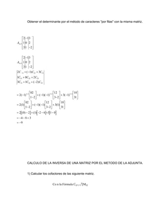 Obtener el determinante por el método de caracteres "por filas" con la misma matriz.
CALCULO DE LA INVERSA DE UNA MATRIZ P...
