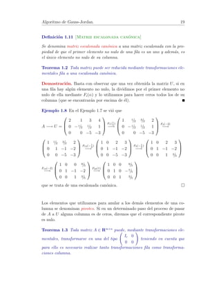 Transformaciones elementales. 13 
Definici´on 1.8 [Matriz antisim´etrica] 
Una matriz cuadrada A se dice que es antisim´etrica si coincide con la opuesta 
de su traspuesta. (Los elementos sim´etricos respecto de la diagonal principal 
son opuestos y su diagonal es de ceros). 
A antisim´etrica () A = −AT 
Definici´on 1.9 [Matriz ortogonal] 
Una matriz cuadrada y no singular se dice ortogonal si su traspuesta coincide 
con su inversa, es decir, si AT = A−1 o lo que es lo mismo: 
A ortogonal () AAT = ATA = In 
Definici´on 1.10 [Traza de una matriz] 
Se define la traza de A y se denota por tr A como la suma de los elementos 
de su diagonal principal. 
tr A = 
Xn 
i=1 
aii 
Propiedades de la traza de una matriz 
• tr (A + B) = tr A + tr B. 
• tr (A) =  tr A. 
1.3 Transformaciones elementales. 
Se denominan transformaciones elementales a ciertas transformaciones que se 
realizan en una matriz y que nos ser´an de gran utilidad en la resoluci´on de 
sistemas de ecuaciones lineales as´ı como en otras operaciones con matrices que 
estudiaremos en temas posteriores. 
Estas transformaciones modifican, de determinadas formas, los elementos de 
una fila o una columna de la matriz o intercambian dos filas o columnas de 
esta. Las clasificaremos en dos grupos: 
• Transformaciones elementales fila. 
• Transformaciones elementales columna. 
 