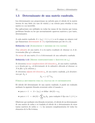 16 Matrices y determinantes 
Ejemplo 1.4 Si deseamos intercambiar las columnas primera y cuarta 
de la matriz A (v´ease el Ejemplo 1.1), aplicamos C14 cuya matriz asociada 
es C14 = 
0 
BBB@ 
0 0 0 1 
0 1 0 0 
0 0 1 0 
1 0 0 0 
1 
CCCA 
(se han permutado las columnas 1 y 4 de la 
matriz I4). 
AC14 = 
0 
B@ 
2 1 3 4 
4 2 1 5 
1 0 2 3 
1 
CA 
0 
BBB@ 
0 0 0 1 
0 1 0 0 
0 0 1 0 
1 0 0 0 
1 
CCCA 
= 
0 
B@ 
4 1 3 2 
5 2 1 4 
3 0 2 1 
1 
CA 
Se han permutado las columnas 1 y 4 de la matriz A.  
• Transformaciones Ci() 
Multiplican la columna i de una matriz A 2 Rm×n por un n´umero 6= 0. 
Este efecto se produce al multiplicar, por la derecha, la matriz A por la 
matriz Ci(), siendo esta el resultado de multiplicar por  la columna i 
de la matriz In. 
Ejemplo 1.5 Para multiplicar por 2 la tercera columna de la matriz A 
(v´ease el Ejemplo 1.1) aplicamos C3(2), cuya matriz asociada es 
C3(2) = 
0 
BBB@ 
1 0 0 0 
0 1 0 0 
0 0 2 0 
0 0 0 1 
1 
CCCA(se ha multiplicado por 2 la tercera columna 
de I4). 
AC3(2) = 
0 
B@ 
2 1 3 4 
4 2 1 5 
1 0 2 3 
1 
CA 
0 
BBB@ 
1 0 0 0 
0 1 0 0 
0 0 2 0 
0 0 0 1 
1 
CCCA 
= 
0 
B@ 
2 1 6 4 
4 2 2 5 
1 0 4 3 
1 
CA 
habiendo quedado multiplicada por 2 la tercera columna de la matriz 
original A  
 