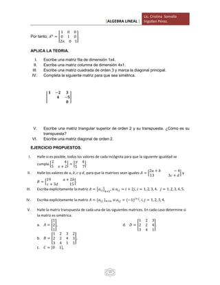 [ALGEBRA LINEAL ]
Lic. Cristina Somalla
Irigollen Pérez.
13
Por tanto, 𝐴 𝑛
= [
1 0 0
0 1 0
2𝑛 0 1
].
APLICA LA TEORIA.
I. Escribe una matriz fila de dimensión 1x4.
II. Escribe una matriz columna de dimensión 4x1.
III. Escribe una matriz cuadrada de orden 3 y marca la diagonal principal.
IV. Completa la siguiente matriz para que sea simétrica.
V. Escribe una matriz triangular superior de orden 2 y su transpuesta. ¿Cómo es su
transpuesta?
VI. Escribe una matriz diagonal de orden 2.
EJERCICIO PROPUESTOS.
I. Halle si es posible, todos los valores de cada incógnita para que la siguiente igualdad se
cumpla.[
2 4
5 𝑥 + 2
] = [
𝑦 4
5 7
].
II. Halle los valores de 𝑎, 𝑏, 𝑐 y 𝑑, para que la matrices sean iguales 𝐴 = [
2𝑎 + 𝑏 − 4
13 3𝑐 + 𝑑
] y
𝐵 = [
19 𝑎 + 2𝑏
𝑐 + 3𝑑 15
].
III. Escriba explícitamente la matriz 𝐴 = {𝑎𝑖𝑗}4×5
, si 𝑎𝑖𝑗 = 𝑖 + 2𝑗, 𝑖 = 1, 2, 3, 4. 𝑗 = 1, 2, 3, 4, 5.
IV. Escriba explícitamente la matriz 𝐴 = {𝑎𝑖𝑗 }4×4, si 𝑎𝑖𝑗 = (−1)𝑖+𝑗
, 𝑖, 𝑗 = 1, 2, 3, 4.
V. Halle la matriz transpuesta de cada una de las siguientes matrices. En cada caso determine si
la matriz es simétrica.
a. 𝐴 = [
1
2
1
],
b. 𝐵 = [
1 2 3 2
2 2 4 3
3 4 1 1
],
c. 𝐶 = [0 1],
d. 𝐷 = [
1 2 3
2 2 4
3 4 1
].
[
𝟏 −𝟐 𝟑
𝟒 −𝟓
𝟎
]
 
