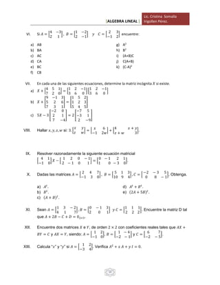 [ALGEBRA LINEAL ]
Lic. Cristina Somalla
Irigollen Pérez.
14
VI. Si 𝐴 = [
4 −3
2 1
] , 𝐵 = [
1 −2
2 −1
] 𝑦 𝐶 = [
2 3
−1 2
] encuentre:
a) AB
b) BA
c) AC
d) CA
e) BC
f) CB
g) A2
h) B2
i) (A+B)C
j) C(A+B)
k) (C-A)2
VII. En cada una de las siguientes ecuaciones, determine la matriz incógnita 𝑋 si existe.
a) 𝑋 + [
4 5 1
7 2 0
] = [
1 2 −1
3 6 0
] [
1 2 −1
3 6 0
]
b) 𝑋 + [
9 −1 3
5 2 6
7 3 1
] = [
1 5 2
1 2 3
5 4 5
]
c) 5𝑋 − 3 [
−2 0
2 1
7 −4
] = 2 [
−7 5
−3 1
2 −9
]
VIII. Hallar 𝑥, 𝑦, 𝑧, 𝑤 si: 3. [
𝑥 𝑦
𝑧 𝑤
] = [
𝑥 6
−1 2𝑤
] + [
4 𝑥 + 𝑦
𝑧 + 𝑤 3
].
IX. Resolver razonadamente la siguiente ecuación matricial
[
4 1
−1 0
] 𝑋 − [
1 2 0 − 1
2 − 1 0 1
] = [
0 − 1 2 1
1 0 − 3 0
].
X. Dadas las matrices 𝐴 = [
2 4 7
−1 3 0
] , 𝐵 = [
5 1 3
10 9 4
] , 𝐶 = [
−2 − 3 5
0 8 − 1
], Obtenga.
a) 𝐴𝑡
.
b) 𝐵 𝑡
.
c) (𝐴 + 𝐵) 𝑡
.
d) 𝐴𝑡
+ 𝐵 𝑡
.
e) (2𝐴 + 5𝐵) 𝑡
.
XI. Sean 𝐴 = [
1 3 − 2
4 1 7
] , 𝐵 = [
0 − 1 3
2 0 1
] 𝑦 𝐶 = [
1 1 1
2 2 2
]. Encuentre la matriz D tal
que 𝐴 + 2𝐵 − 𝐶 + 𝐷 = 02×3.
XII. Encuentre dos matrices 𝑋 e 𝑌, de orden 2 × 2 con coeficientes reales tales que 𝐴𝑋 +
𝐵𝑌 = 𝐶 y 𝐴𝑋 = 𝑌, siendo: 𝐴 = [
1 2
−1 0
], 𝐵 = [
1 − 4
−2 − 1
] y 𝐶 = [
6 7
−2 − 5
].
XIII. Calcula “𝑥” y “𝑦” si 𝐴 = [
1 2
−3 4
]. Verifica 𝐴2
+ 𝑥 𝐴 + 𝑦 𝐼 = 0.
 