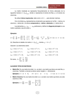 [ALGEBRA LINEAL ]
Lic. Cristina Somalla
Irigollen Pérez.
3
La matriz mostrada se representa frecuentemente en forma abreviada de la
siguiente manera 𝐴 = {𝑎𝑖𝑗} 𝑚𝑥𝑛
, donde 𝑚 representa el número de filas y 𝑛 el número de
columnas.
Se utilizan letras mayúsculas, tales como 𝐴, 𝐵, 𝐶, … para denotar matrices.
Con el símbolo 𝒂𝒊𝒋 representamos al elemento que aparece en la fila i – ésima y la
columna j – ésima de 𝐴, se llama componente 𝒊𝒋 – ésima o elemento 𝑖𝑗 (- ésimo) de A.
Los elementos a11, a22, ⋯ , akk pertenecen y definen la diagonal principal en una
matriz cuadrada o sea de orden n.
Ejemplos:
𝐴 = [
2 4
5 8
], 𝐵 = [
2 + 3𝑖 1 + 𝑖 3𝑖
8 + 2𝑖 4 + 𝑖 6𝑖
1 − 2𝑖 3 − 𝑖 𝑖
], 𝐶 = [
𝑤 𝑤 − 5 𝑤
2𝑤 𝑤2
𝑤 + 1
], 𝐷 = [𝑚 𝑚 − 3 𝑚 + 2]
(b). Describa en detalle a la matriz 𝐴 = {𝑎𝑖𝑗}3×3
, donde 𝑎𝑖𝑗 = 3𝑖 + 𝑗2
.
Solución: Los elementos serán:
𝑎11 = 3(1) + 12
= 4, 𝑎12 = 3(1) + 22
= 7, 𝑎13 = 3(1) + 32
= 12.
𝑎21 = 3(2) + 12
= 7, 𝑎22 = 3(2) + 22
= 10, 𝑎23 = 3(2) + 32
= 15.
𝑎31 = 3(3) + 12
= 10, 𝑎32 = 3(3) + 22
= 13, 𝑎33 = 3(3) + 32
= 18.
Por tanto, 𝐴 = [
4 7 12
7 10 15
10 13 18
].
ALGUNOS TIPOS DE MATRICES
 Matriz fila: Es una matriz de orden 1𝑥𝑛, es decir, una matriz que tiene una sola fila y 𝑛
columnas. También a menudo se llama vector renglón n – dimensional.
Ejemplos: 𝐴 = [1 4 3], 𝐵 = [2 + 𝑖 2𝑖 1 − 𝑖], 𝐶 = [𝑚 𝑚 − 3 𝑚 + 2]
 Matriz Columna: Es una matriz de orden 𝑚𝑥1, es decir una matriz que tiene una sola
columna 𝑚 filas.
Ejemplos: 𝐴 = [
1
5
], 𝐵 = [
1
6
3
], 𝐶 = [
𝑛 + 2
𝑛 − 3
𝑛
𝑛2
+ 1
].
 