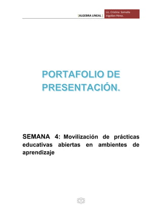 [ALGEBRA LINEAL ]
Lic. Cristina Somalla
Irigollen Pérez.
1
SEMANA 4: Movilización de prácticas
educativas abiertas en ambientes de
aprendizaje
 