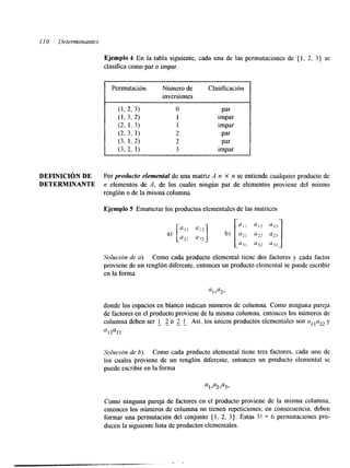 I IO I Determinantes 
Ejemplo 4 En la tabla siguiente, cada una de las permutaciones de { 1, 2. 3) se 
clasifica como par o impar. 
DEFINICIóN DE Por producto elemental de una matriz A n X n se entiende cualquier producto de 
DETERMINANTE n elementos de A, de los cuales ningún pa de elementos proviene del mismo 
renglón o de la mima columna. 
Ejemplo 5 Enumerar los productos elementales de las matrices 
a) 
a22 
a31 0 3 2 a33 
Solución de a). Como cada producto elemental tiene dos factores y cada factor 
proviene de un renglón diferente, entonces un producto elemental se puede escribir 
en la forma 
donde los espacios en blanco indican números de columna. Como ninguna pareja 
de factores en el producto proviene de la misma columna, entonces los números de 
columna deben ser 1 2 o 2 . Así. los únicos productos elementales son al ,a22 y 
a12a21. 
Solución de 6). Como cada producto elemental tiene tres factores, cada uno de 
10s cuales proviene de un renglón diferente, entonces un producto elemental se 
puede escribir en la forma 
Como ninguna pareja de factores en el producto proviene de la misma columna. 
entonces los niuneros de columna no tienen repeticiones; en consecuencia, deben 
formar una permutación del conjunto { 1, 2, 3). Estas 3! = 6 permutaciones pro-ducen 
la siguiente lista de productos elementales. 
 