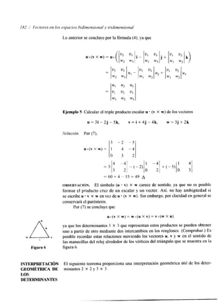 182 / Vectores en los espacios bidimensional y triditnensional 
W V 
x 
Figura 6 
INTERPRETACI~N 
GEOMÉTRICA DE 
LOS 
DETERMINANTES 
Lo anterior se concluye por la fórmula (4), ya que 
;3iul - 
Ejemplo 5 Calcular el triple producto escalar u (v X w) de los vectores 
Solución. Por (7), 
3 -2 -5 
U . ( V X w) = 
1 4 -4 
o 3 2 
- 6 0 + 4 - 15149 A 
OBSERVACI~X El símbolo (u - v) X w carece de sentido, ya que no es posible 
formar el producto cruz de un escalar y un vector. Así, no hay ambigüedad si 
se escribe u v X w en vez de u (v X w). Sin embargo, por claridad en general se 
conservará el paréntesis. 
Por (7) se concluye que 
u . ( v x w ) = w . ( u x v ) = v . ( w x u ) 
ya que los determinantes 3 x 3 que representan estos productos se pueden obtener 
uno a partir de otro mediante dos intercambios en los renglones. (Comprobar.) Es 
posible recordar estas relaciones moviendo los vectores u, v y w en el sentido de 
las manecillas del reloj alrededor de los vértices del triángulo que se muestra en la 
figura 6. 
 