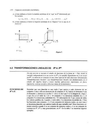 218 1' Espacios vectoriales euclidianoh 
VI = ( U l , o, o, . . . , O), v2 = (O, (I?, o, . . . , O), . . , , v, = (O, o, o, . . . , a,,)? 
b) ¿,Cómo definiría el lector la longitud euclidiana de la "diagond" de la caja en el 
inciso a)? 
4 
Figura 5 
4.2 TRANSFORMACIONES LINEALES DE P A Ry" 
En esta sección se iniciara el estudio de funciones de la forma w = F(x), donde la 
variable independiente H es un vector en Rn y la variable dependiente w es un vector 
en N"'. La atención se centrará en una clase especial de tales funciones denominadas 
"transfonnaciones lineales". Las transformaciones lineales son fundamentales en el 
estudio del álgebra lineal y tienen muchas aplicaciones importantes en faica, 
ingeniería, ciencias sociales y diversas ramas de la matemática. 
FUNCIONES DE Recordar que una funcidn es una regla f que asocia a cada elemento de un 
F A R conjunto A uno y sólo un elemento de un conjunto B. Sifasocia el elemento b con 
el elemento a, entonces se escribe b =Aa) y se dice que b es la imagen de a bajof, 
o que f(a) es el valor de fen a. El conjunto A se denomina dominio defy el 
conjunto B se denomina codominio del: El subconjunto de B que consta de todos 
los valores posibles de f cuando a varía sobre A se denomina recorrido de f: Para 
las funciones más comunes, A y B son conjuntos de números reales, en cuyo caso f 
se denomina función con valores reales de una variable real. Otras funciones CO-munes 
Ocurren cuando B es un conjunto de números reales y A es un conjunto de 
vectores en R2, R3 o, más generalmente, en R". En la tabla 1 se muestran algunos 
ejemplos. 
 