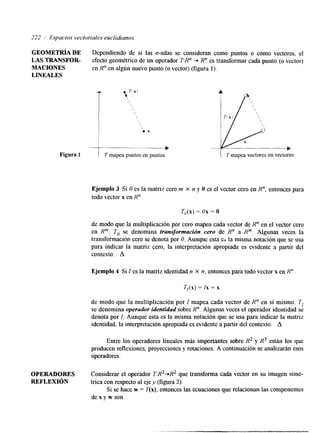 222 ,; Espacios vectoriales euclidianos 
GEOMETRÍA DE Dependiendo de si las n-adas se consideran como puntos o como vectores, el 
LAS TRANSFOR- efecto geométrico de un operador TR" + R" es transformar cada punto (o vector) 
MACIONES en Rn en algún nuevo punto (o vector) (figura 1). 
LINEALES 
- 
Figura 1 
1 "-+ - 
T mapea puntos en puntos. T mapea vectores en vectores 
Ejemplo 3 Si O es la matriz cero m x n y O es el vector cero en R", entonces para 
todo vector x en R" 
T,(X) = ox = o 
de modo que la multiplicación por cero mapea cada vector de R" en el vector cero 
en R". To se denomina transformación cero de R" a R". Algunas veces la 
transformación cero se denota por O. Aunque esta e$ la misma notación que se usa 
para indicar la matriz cero, la interpretación apropiada es evidente a partir del 
contexto. A 
Ejemplo 4 Si Z es la matriz identidad n x n, entonces para todo vector x en R" 
T,(x) = zx = x 
de modo que la multiplicación por I mapea cada vector de R" en sí mismo. TI 
se denomina operador identidad sobre R". Algunas veces el operador identidad se 
denota por Z. Aunque esta es la misma notación que se usa para indicar la matriz 
identidad, la interpretación apropiada es evidente a partir del contexto. A 
Entre los operadores lineales más importantes sobre R2 y R3 están los que 
producen reflexiones, proyecciones y rotaciones. A continuación se analizarán esos 
operadores. 
OPERADORES Considerar el operador T:R2-R2 que transforma cada vector en su imagen simé- 
REFLEXI~N trica con respecto al eje y (figura 2). 
Si se hace w = T(x), entonces las ecuaciones que relacionan las componentes 
dexywson 
 