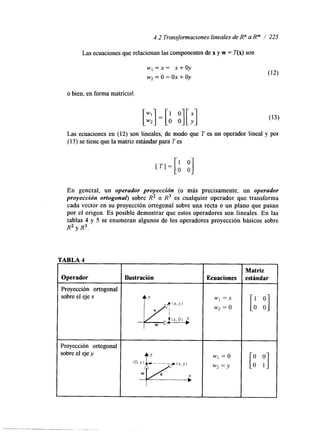4.2 Transformaciones lineales de Rn a Rm / 225 
Las ecuaciones que relacionan las componentes de x y w = T(x) son 
w,=x= x f O y 
w* = o = ox + oy 
o bien, en forma matricial; 
[:I = [:, :][;I 
Las ecuaciones en (12) son lineales, de modo que T es un operador lineal y por 
(13) se tiene que la matriz estándar para T es 
1 0 
[T1=[0 o] 
En general, un operador proyección (o más precisamente, un operador 
proyección ortogonal) sobre R2 o R3 es cualquier operador que transforma 
cada vector en su proyección ortogonal sobre una recta o un plano que pasan 
por el origen. Es posible demostrar que estos operadores son lineales. En las 
tablas 4 y 5 se enumeran algunos de los operadores proyección básicos sobre 
R2 y R3. 
MBLA 4 
I I 
Proyección ortogonal 
sobre el eje x w, =x 
I Proyección ortogonal I 
 
