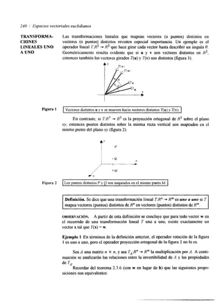 240 / Espacios vectoriales euclidianos 
TRANSFORMA- Las transformaciones lineales que mapean vectores (o puntos) distintos en 
CIONES vectores (o puntos) distintos revisten especial importancia. Un ejemplo es el 
LXNEALES UNO operador lineal T:R2 + R2 que hace girar cada vector hasta describir un hngulo B. 
A UNO Geométricamente resulta evidente que si u y v son vectores distintos en R2, 
entonces también los vectoles girados T(u) y T(v) son distintos (figura 1). 
AI y *Tív) 
Figura 1 I Vectores distintos u Y Y se mueven hacia vectores distintos T(u) Y Tlvl I 
En contraste, si TR' "* R3 es la proyección ortogonal de R3 sobre el plano 
xy, entonces puntos dlstintos sobre la misma recta vertical son mapeados en el 
mismo punto del plano xy (figura 2). 
P 
Y 
Figura 2 I Los puntos distintos P y Q son mapeados en el mismo punto M. I 
Definición. Se dice que una transformación lineal T:R" + R"' es uno a uno si T 
mapea vectores (puntos) distintos de R" en vectores (puntos) distintos de R"'. 
OBSERVACI~N. A partir de esta definición se concluye que para todo vector w en 
el recorrido de una transformación lineal T uno a uno, existe exactamente un 
vector x tal que T(x) = w. 
Ejemplo 1 En términos de la definición anterior, el operador rotación de la figura 
1 es uno a uno, pero el operador proyección ortogonal de la figura 2 no lo es. 
Sea A una matriz n x n, y sea TA:R" - R"' la multiplicación por A. A conti-nuación 
se analizarán las relaciones entre la invertibilidad de A y las propiedades 
de TA. 
Recordar del teorema 2.3.6 (con w en lugar de b) que las siguientes propo-siciones 
son equivalentes: 
 