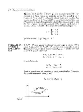 ,742 Espacios vectoriales euclldianos 
Ejemplo 3 En el ejemplo 1 se observó que el operador proyección T:R3 + R3 
ilustrado en la figura 2 no es uno a uno. Del teorema 4.3.1 se deduce que el 
recorrido de T no es todo R3 y que la matriz estándar para T no es invertible. Para 
mostrar que el recorrido de T no es todo R3, es necesario encontrar un vector w en 
X3 que no sea la imagen de ningún vector x bajo T. Pero cualquier vector w fuera 
del plano xy posee esta propiedad, ya que todas las imágenes bajo T están en el 
plano xy. Además, por la tabla 5 de la sección 4.2, la matriz estándar para T es 
que no es invertible. ya que det [g= O. A 
INVERSA DE UN Si TA:K" + R" es un operador lineal uno a uno, entonces por el teorema 4.3.1 la 
OPERADOR matriz A es invertible. Así, TA-':Rn -+ R" por sí mismo es un operador lineal; se 
LINEAL UNO A denomina inverso de TA. Los operadores lineales TA y TA-, se cancelan entre sí en 
UNO el sentido de que para todo x en R" 
7-,(r , ,(x)) = A'4 - ' x = Ix = x 
I ( Tq(x)) = A ' A x = fx = X 
o. equivalentemente, 
T A o TA-1 == TAA - 1 = TI 
T A - I 0 TA = TA - 1A = T I 
Desde un punto de vista más geométrico, si w es la imagen de x bajo TA, entonces 
TA-, transforma de vuelta w en x, ya que 
__ 
Figura 3 
- X 
" I 
 