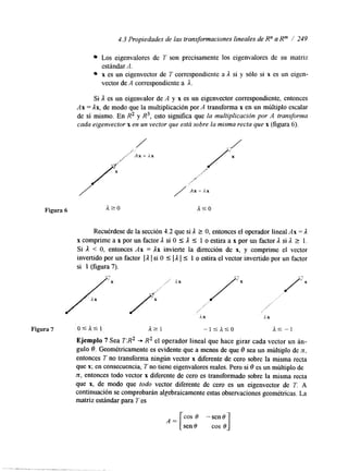 4.3 Propiedades de las transformaciones lineales de Rn a RIn / 249 
Los eigenvalores de T son precisamente los eigenvalores de su matriz 
A. 
x es un eigenvector de T correspondiente a il si y sólo si x es un eigen-estándar 
vector de A Correspondiente a A. 
Si 1 es un eigenvalor de A y x es un eigenvector correspondiente, entonces 
Ax = Ax, de modo que la multiplicación por A transforma x en un múltiplo escalar 
de sí mismo. En RZ y R3, esto significa que la multiplicación por A transforma 
cada eigenvector x en un vector que está sobre la misma recta que x (figura 6). 
Figura 6 
Recuérdese de la sección 4.2 que si il I O, entonces el operador lineal Ax = 1 
x comprime a x por un factor 1 si O I 1 I 1 o estira a x por u11 factor 1 si A 2 1. 
Si 1 < O, entonces Ax = Ax invierte la dirección de x, y comprime el vector 
invertido por un factor I A I si O I 11 I I 1 o estira el vector invertido por un factor 
si 1 (figura 7). 
Figura 7 o s a s 1 a 2 1 - 1 ~ a s o a s - I 
Ejemplo 7 Sea T:R2 + R2 el operador lineal que hace girar cada vector un án-gulo 
8. Geométricamente es evidente que a menos de que 8 sea un múltiplo de n, 
entonces T no transforma ningún vector x uerente de cero sobre la misma recta 
que x; en consecuencia, T no tiene eigenvalores reales. Pero si 8 es un múltiplo de 
n, entonces todo vector x diferente de cero es transformado sobre la misma recta 
que x, de modo que todo vector diferente de cero es un eigenvector de T. A 
continuación se comprobarán algebraicamente estas observaciones geométricas. La 
matriz estándar para T es 
sen0 cos 8 1 
A = [ cos O -sen0 
 