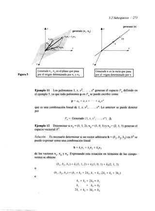 5.2 Subespacios / 273 
Ejemplo 11 Los polinomios 1, x, x2., . . , x" generan el espacio Pn definido en 
el ejemplo 5, ya que todo polinomio p en Pn se puede escribir como 
p = a, + a,x + ' . ' + a,x" 
que es una combinación lineal de 1, x, x,, . . . , x". Lo anterior se puede denotar 
Por 
P, = Generado { 1, x, x*, . . . , x"} A 
I 
Ejemplo 12 Determinar si v1 = (1, 1,2), v, = (1, O, 1) y v3 = (2, 1, 3) generan el 
espacio vectorial R3. 
Solución. Es necesario determinar si un vector arbitrario b = (bl, b,, b3) en R3 se 
puede expresar como una combinación lineal 
de los vectores vl, v2 y v3. Expresando esta ecuación en términos de las compo-nentes 
se obtiene 
 