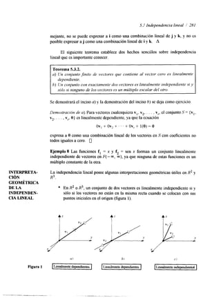5.; Independencia lineal / 281 
mejante, no se puede expresar a i como una combinación lineal de j y k, y no es 
posible expresar a j como una combinación lineal de i y k. A 
El siguiente teorema establece dos hechos sencillos sobre independencia 
lineal que es importante conocer. 
Teorema 5.3.2. 
a> Un conjtlnto jnito de vectores que contiene al vector cero es linealmente 
dependiente. 
h) Un conjunto con exactamente dos vectores es linealmente independiente si y 
sólo si ninguno de los vectores es un múltiplo escalar del otro. 
Se demostrará el inciso a) y la demostración del inciso 6) se deja como ejercicio 
Demostración de a). Para vectores cualesquiera vl. v2, . . . , v,, el conjunto S = {vl, 
v2, . . . , v,, O } es linealmente dependiente, ya que la ecuación 
ov, + ov, + . . . + ov,. + l(0) = o 
expresa a O como una combinación lineal de los vectores en S con coeficientes no 
todos iguales a cero. 0 
Ejemplo 8 Las funciones f, = x y f2 = sen x forman un conjunto linealmente 
independiente de vectores en F( - 03, m), ya que ninguna de estas funciones es un 
múltiplo constante de la otra. 
INTERPRETA- La independencia lineal posee algunas interpretaciones geométricas útiles en R2 y 
CIÓN R3. 
GEOMÉTRICA 
DE LA o En R2 o R3, un conjunto de dos vectores es linealmente independiente si y 
INDEPENDEN- sólo si los vectores no están en la misma recta cuando se colocan con sus 
CIA LINEAL puntos iniciales en el origen (figura 1). 
a) b) C ) 
Figura 1 Linealmente dependientes. Linedmente dependientes. Linealmente independiente$. 
 