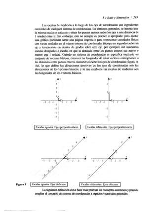 5.4 Base y dimensión / 289 
Las escalas de mdción a lo largo de los ejes de coordenadas son ingrdentes 
esenciales de cualquier sistema de coordenadaEsn. términos generales, se intenta usar 
la misma escala en cada eyj es ituar los puntos enteros sobre los ejes uan a distancia de 
1 unidad entre sí. Sin embargo, esto no siempre es práctico o apropiado: para ajustar 
una gráfica particular sobre una página impresa o para representar cantidades fisicas 
con varias unidades eenl mismo sistema de coordenadas (tiempo en segundos sobre un 
eje y temperatura en cientos de grados sobre otro eje, por ejemplo) son necesarias 
escalas desiguales o escalas en que la &stancia entre los puntos enteros sea mayor o 
menor que 1 unidad. Cuando un sistema de coordenadas se especifica medmte un 
conjunto de vectores básicos, entonces las longitudes de estos vectores corresponden a 
las distancias entre puntos enteros consecutivos sobre los ejes de coorde(nfaigduasra 3). 
Así, lo que define las direcciones positivas de los ejes de coordenadas son las 
direcciones de los vectores básicos, y lo que establece las escalas de medición son 
las longitudes de los vectores básicos. 
-3 -2 -1 
-3 -?I -1 
-2 
Escalas diferentes. Ejes perpendiculares. 
Figura 3 Escalas iguales. Ejes oblicuos. Escalas dikrentes. Ejes oblicuos. 
La siguiente defínición claveh ace más precisas los conceptos anterioresy permite 
ampliar el concepto de sistema de coordenadaess p aac ios vectoriales generales. 
 