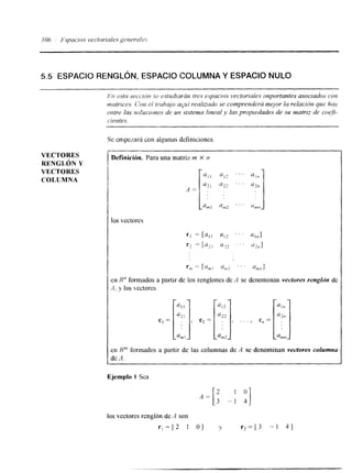 5.5 ESPACIO RENGLÓN, ESPACIO COLUMNA Y ESPACIO NULO 
Se enipezard con algunas definiciones. 
VECTORES 
VECTORES 
COLUMNA 
RENGL ~NY 
Definicidn. Para una matriz m X n 
r 
los vectores 
-=: [%! ' ' . U,? 3 
:II Rn formados a partir de los renglones de A se denomin 
1, y los vectores 
ores renglón de 
:n Rm fonuados a partir de las columnas de 11 se denominan vedores columna 
IcA. 
I 
Ejemplo I Sea 
' "i " I 4 
los vectores renglón de A son 
r , = [ 2 I O ] y r , = [ 3 -1 41 
 