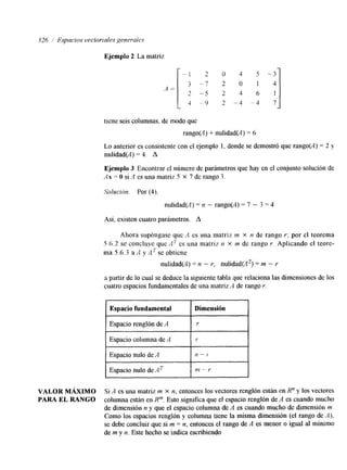 .726 ,/' Espacios vectorides genernics 
Ejemplo 2 La matriz 
'4 = 
- 1 2 O 4 5 - 3 
3 - 7 2 o 1 4 
2 - 5 2 4 6 1 
4 -9 2 "4 "4 7 - 
tiene seis columnas, de modo que 
rango@) + nulidad@) = 6 
Lo anterior es consistente con el ejemplo 1, donde se demostró que rango(A) = 2 y 
nulidad@) = 4. A 
Ejemplo 3 Encontrar el número de parámetros que hay en el conjunto solución de 
Ax = O siA es una matriz 5 x 7 de rango 3. 
nulidad(A) = n - rango(A) = 7 - 3 = 4 
Así, existen cuatro parámetros. A 
Ahora supóngase que A es una matriz m X n de rango r; por el teorema 
5.5.2 se concluye que AT' es una matriz n X m de rango r. Aplicando el teore-ma 
5. 6.3A a' A y se obtiene 
nulidad@) = n - r, nulidad(AT) = m - r 
a partir de lo cual se deduce la siguiente tabla que relaciona las dmensiones de los 
cuatro espacios fundamentales de una matriz A de rango r. 
(Espacioental Dimensión 
I Espacio renglón den I r I 
VALOR MÁXIMO Si A es una matriz m x n, entonces los vectores renglón están en R" y los vectores 
PARA EL RANGO columna están en Rm. Esto signrfica que el espacio renglón de A es cuando mucho 
de hmensión n y que el espacio columna de A es cuando mucho de dimensión m. 
Como los espacios renglón y columna tiene la misma dimensión (el rango de A), 
se debe concluir que si m = n, entonces el rango de A es menor o igual al mínimo 
de m y n. Este hecho se indica escribiendo 
 