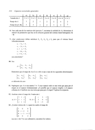 334 Espacios vectoriales generar’es 
8. Para cada una de las matrices del ejercicio 7, encontrar la nulidad de A y determinar el 
niunero de parámetros que hay en la solución general del sistema lineal homogéneo Ax 
=o 
9. ¿,Quk condiciones deben satisfacer b,, b,. b,, b, y b, para que el sistema lineal 
sobredeterminado 
X -- 3 , =~ h ;~ 
x1 - 21, = h2 
S ) i- X? = 11, 
.yl - 4x2 = h, 
x, + 5 . =~ h~, 
sea consistente‘! 
10. Sea 
A = 
“22 “21 
Demostrar que el rango de A es 2 si y sólo si uno o más de los siguientes determinantes 
“2, 022 “21 ‘23 “22 “23 
es diferente de cero. 
11. Supóngase que A es una matriz 3 X 3 cuyo espacio nulo es una recta que pasa por el 
origen en el espacio tndimensional. ¿Es posible que el espacio renglón o el espacio 
columna de A también sea una recta que pasa por el origen? Explicar la respuesta. 
a ) A = [ ; l i t ; b ) A = [ - i -: -:] t 3 - 
12. Analizar cómo el rango de A varía con t. 
13. ¿Existen valores de r y S para los cuales el rango de 
[; yO +o ] 
sea uno o dos? En caso afirmativo, encontrar los valores 
 
