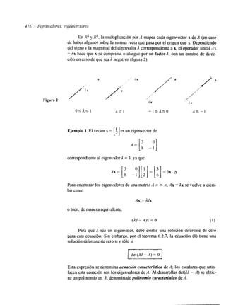 4 I6 " Eigenvalores, eigenvectores 
En R2 y H3, la multiplicación por A mapea cada eigenvector x de A (en caso 
de haber alguno) sobre la misma recta que pasa por el origen que x. Dependiendo 
del signo y la magnitud del eigenvalor A correspondiente a x, el operador lineal Ax 
= Ax hace que x se comprima o alargue por un factor A, con un cambio de direc-ción 
en caso de que sea R negativo (figura 2). 
Ejemplo 1 El vector x = [:I es un eigenvector de 
correspondiente al eigenvalor ,I = 3, ya que 
Para encontrar los eigenvalores de una matriz A n X n, Ax = Ax se vuelve a escri-bir 
como 
Ax = dlx 
o bien, de manera equivalente. 
Para que A sea un eigenvalor, debe existir una solución diferente de cero 
para esta ecuación. Sin embargo, por el teorema 6.2.7, la ecuación (1) tiene una 
solución Merente de cero si y sólo si 
Esta expresión se denomina ecuaciún caracteristica de A; los escalares que satis-facen 
esta ecuación son los eigenvalores de A. Al desarrollar det(A1 - A) se obtie-ne 
un polinomio en A, denominadopolinomio característico deA . 
 