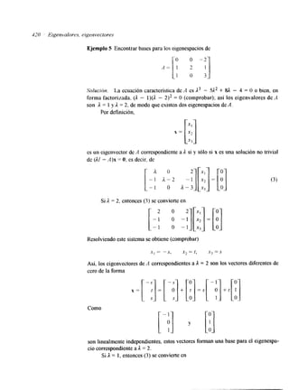 420 Eigenvalores, eigenvectores 
Ejemplo 5 Encontrar bases para los elgenespacios de 
Solucion. LA ecuación característica de A es A3 - 5A2 + SA - 4 = O o bien, en 
forma factorizada, (A - 1)(A - 2)2 = O (comprobar); así los eigenvalores de -4 
son A = 1 y I, = 2, de modo que existen dos eigenespacios de A. 
Por definición, 
es un eigenvector de A correspondiente a A si y sólo si x es una solución no trivial 
de (11 - A)x = O; es decir, de 
Si A = 2, entonces (3) se convierte en 
Resolviendo este sistema se obtiene (comprobar) 
x, = "S, x2 = t, x 3 = S 
Así, los eigenvectores de A corresponhentes a 1 = 2 son los vectores diferentes de 
cero de la forma 
x=[-;]=[-!]+[;];.[ -Y 1 
Como 
son linealmente independientes, estos vectores forman una base para el eigenespa-cio 
correspondiente a A = 2. 
Si 1 = 1, entonces ( 3 ) se convierte en 
 