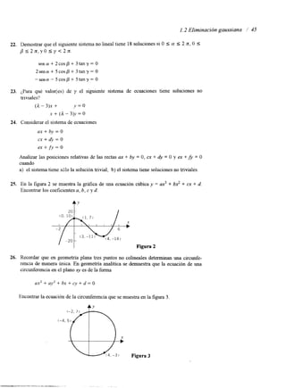 1.2 Eliminación gaussiana  45 
22. Demostrar que el siguiente sistema no lineal tiene 18 soluciones si O 5 a 5 2 z, O 5 
/ 3 5 2 z , y O I . y < 2 z . 
sena+2cosp+3tany=O 
2sena+5cosp+3tany=O 
-sena-5cosp+5tany=O 
23. $ara que valor(es) de y el siguiente sistema de ecuaciones tiene soluciones no 
triviales? 
(a - 3lX + v = o 
x + (a - 3)?, = o 
24. Considerar el sistema de ecuaciones 
ax + by = O 
cx + dy = o 
ex + fy = O 
Analizar las posiciones relativas de las rectas ax + by = O, cx + dy = O y ex +fi = O 
cuando 
a) el sistema tiene s3!0 la solución trivial, b) el sistema tiene soluciones no tnviales. 
25. En la figura 2 se muestra la gráfica de una ecuación cúbica y = + b? + cx + d. 
Encontrar los coeficientes a, b, c y d. 
ty 
20 - 
' I Figura 2 
26. Recordar que en geometría plana tres puntos no colineales determinan una circunfe-rencia 
de manera única. En geometría analítica se demuestra que la ecuación de una 
circunferencia en el planox y es de laf orma 
ux2 + uy2 + bx + cy + d = O 
Encontrar la ecuación de la circunferencia que se muestra efnig luar a 3 
CY 
 