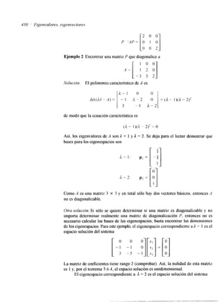 430 Eigenvalores, eigenvectores 
2 o o 
Ejemplo 2 Encontrar una matriz P que diagonalice a 
Solución. El polinomio característico de A es 
A - 1 o O 
det(A.l-~A)= - 1 A - 2 O = ( A - l)(A-2)2 
3 -5 1 - 2 
de modo que la ecuación característica es 
( A - 1 )(A - 2)* = o 
Así, los eigenvalores de A son il = 1 y 1 = 2. Se deja para el lector demostrar que 
bases para los eigenespacios son 
Como A es una matriz 3 X 3 y en total sólo hay dos vectores básicos, entonces A 
no es diagonalizable. 
Otra solución. Si sólo se quiere determinar si una matriz es diagonalizable y no 
importa determinar realmente una matriz de diagonalización P, entonces no es 
necesario calcular las bases de los eigenespacios; basta encontrar las dimensiones 
de los eigenespacios. Para este ejemplo, eeli genespacio correspondiente a A = 1 es el 
espacio solución del sistema 
La matriz de coeficientes tiene rango 2 (comprobar). Así, la nulidad de esta matriz 
es 1 y, por el teorema 5.6.4, el espacio solución es unidimensional. 
El eigenespacio correspondente a il = 2 es el espacio solución del sistema 
 