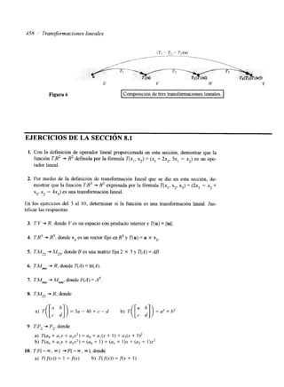 158 ;’ Transformaciones lineales 
Figura 6 Composición de tres transformaciones lineales. I 
EJERCICIOS DE LA SECCI ~N8. 1 
1. Con la definición de operador lineal proporcionada en esta sección, demostrar que la 
función TS2 + R2 deffida por la fórmula T(x,, 3) = (x, + 2.5, 3x, - x2) es un ope-rador 
lineal. 
2. Por medio de la definición de transformación lineal que se dio en esta sección, de-mostrar 
que la función TB3 + R2 expresada por la fórmula T(x,, %, x3) = (2x, - x2 + 
x3, x2 - 45) es una transformación lineal. 
En los ejercicios del 3 al 10, determinar si la función es una transformación lineal. Jus-tificar 
las respuestas. 
3. T: V + R, donde Ves un espacio con producto interior y T(u) = IIuII. 
4. T:R3 + R3, donde vo es un vector fijo en R3 y T(u) = u X vo 
5. ‘M2* + MZ3, donde B es una matnz fija 2 X 3 y T(A) = AB 
6. T:M, + R, donde T(A) = &(A). 
7. TM,, + M,,, donde F(A) =AT 
8. TM2, + R, donde 
9. KP, + P,, donde 
a) T(u, + u,x + uZx2) = a,, + a,(x + I ) + u2(x + 1)’ 
b) T(a,, + u,x + u g 2 ) = (ao + 1) + (a, + 1)x + (u2 + 1)x2 
10. T:F(-m, 00) ?*F(-w, m), donde 
a) KH.4) = 1 + f(4 b) T(f(x)) = f(x + 1) 
 
