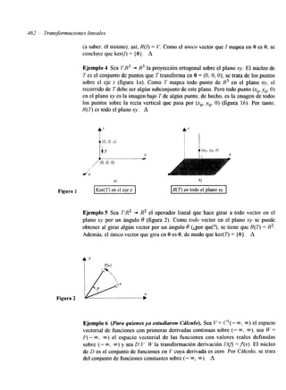 462 Transformaciones lineales 
(a saber, éI mismo); así, R(0 = V. Como el linico vector que I mapea en O es O, se 
concluye que ker(l) = (O}. A 
Ejemplo 4 Sea 1':R3 * K3 la proyección ortogonal sobre el plano xy. El núcleo de 
7' es el conjunto de puntos que T transforma en O = (O, O, O); se trata de los puntos 
sobre el eje z (figura la). Como T mapea todo punto de R3 en el plano x y , el 
recorrido de T debe ser algún subconjunto de este plano. Pero todo punto (xo, yo, O) 
en el plano xy es la imagen bajo í" de algún punto; de hecho, es la imagen de todos 
los puntos sobre la recta vertical que pasa por (xo, yo, O) (figura lb). Por tanto, 
R ( n es todo el plano xy. A 
Y 
Ejemplo 5 Sea T:R2 -z R2 el operador lineal que hace girar a todo vector en el 
plano xy por un ángulo 8 (figura 2). Como todo vector en el plano xy se puede 
obtener al girar algún vector por un ángulo 8 (¿por qué?), se tiene que R(T) = R2. 
Además, el Único vector que gira en O es O, de modo que ker(T) = {O}. A 
Ejemplo 6 (Para quienes ya estudiaron CúZcuZo). Sea V= C1(- CQ, CQ) el espacio 
vectorial de funciones con primeras derivadas continuas sobre (- m, m), sea W = 
F(- CQ. m) el espacio vectorial de las funciones con valores reales definidas 
sobre (-m, CQ) y sea D: V W la transformación derivación D a = f(x). El núcleo 
de D es el conjunto de funciones en V cuya derivada es cero. Por Cálculo, se trata 
del conjunto de funciones constantes sobre (- CQ, 00). A 
 