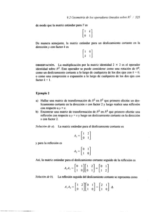 9.2 Geometría de los operadores lineales sobre R2 / 525 
de modo que la matriz estándar para T es 
De manera semejante, la matriz estándar para un deslizamiento cortante en la 
Irección y con factor k es 
OBSERVACI~N. La multiplicación por la matriz identidad 2 X 2 es el operador 
identidad sobre R2. Este operador se puede considerar como una rotación de Oo, 
como un deslizamiento cortante a lo largo de cualquiera de los dos ejes con k = O, 
o como una compresión o expansión a lo largo de cualquiera de los dos ejes con 
factor k = l. 
Ejemplo 2 
a) Hallar una matriz de transformación de R2 en R2 que primero efectúe un des-lizamiento 
cortante en la dirección x con factor 2 y luego realice una reflexión 
con respecto a y = x. 
b) Encontrar una matriz de transformación de R2 en R2 que primero efectúe una 
reflexión con respecto ay = x y luego un deslizamiento cortante en la dirección 
x con factor 2. 
Solución de a). La matriz estándar para el deslizamiento cortante es 
y para la reflexión es 
A , A , = [O1 '0][I 0 1 '1 = [ y :] 
Así, la matriz estándar para el deslizamiento cortante seguido de la reflexión es 
Solución de b). La reflexión seguida del deslizamiento cortante se representa como 
 