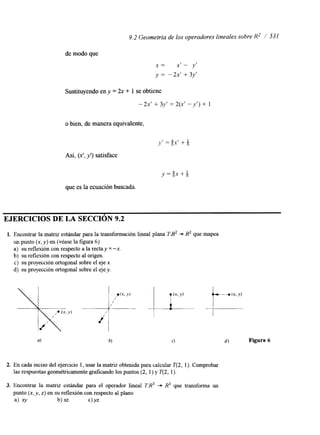 9.2 Geometría de los operadores lineales sobre R2 1 531 
de modo que 
Sustituyendo en y = 2x + 1 se obtiene 
-2x‘ + 3y’ = 2(x’ -y’) + I 
o bien, de manera equivalente, 
Así, (XI, y’) satisface 
y = $ x + i 
que es la ecuación buscada. 
EJERCICIOS DE LA SECCIóN 9.2 
1. Encontrar la matriz estándar para la transformación lineal plana TX2 + R2 que mapea 
un punto (x, y) en (véase la figura 6) 
a) su reflexión con respecto a la rectay =-x. 
b) su reflexión con respecto al origen. 
c) su proyección ortogonal sobre el eje x. 
d) su proyección ortogonal sobre el eje y. 
2. En cada inciso del ejercicio 1, usar la matriz obtenida para calcular T(2, 1). Comprobar 
las respuestas geométricamente graficando los puntos (2, 1) y T(2, 1). 
3. Encontrar la matriz estándar para el operador lineal TB3 + R3 que transforma un 
punto (x, y, z) en su reflexión con respecto al plano 
a) -*y b) x z . C) YZ. 
4 Figura 6 
 