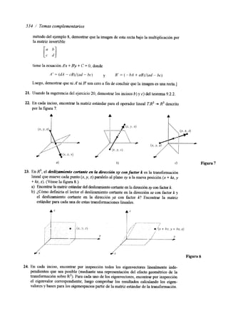 534 i Temas complementarios 
método del ejempio 8, demostrar que la imagen de esta recta bajo la multiplicación por 
la matriz invertible 
tiene la ecuación A'x + By + C = O, donde 
A' = (dA - c B ) / ( ~-d bc) y B' = ( - bA + u B ) / ( u-~ bc) 
Luego, demostrar que ni A' ni B son cero a fin de concluir que la imagen es una recta,] 
21. Usando la sugerencia del ejercicio 20, demostrar los incisos b) y c) del teorema 9.2.2. 
22. En cada inciso, encontrar la matriz estándar para el operador lineal í?A3 + R3 descrito 
por la figura 7. 
4 c 4 
b) d 
23. En R3, el deslizamiento cortanfe en la a'ireccibn xy con factor k es la transformación 
lineal que mueve cada punto (x, y, z) paralelo al plano xy a la nueva posición (x + kz, y 
+ kz, z). (Véase la figura 8.) 
a) Encontrar la matriz estándar del deslizamiento cortantee n la dxecciónx y con factork . 
b) ¿Cómo d e f d a el lector el deslizamiento cortante en la dirección xz con factor k y 
el deslizamiento cortante en la dirección yz con factor k? Encontrar la matriz 
est&dar para cada una de estas transformaciones lineales. 
. .. ". ~. ~ ." t; 1 4. . ." 
"'ir + kz, y + kz. I) 
. .. ,' " .~", ." 
Figura 7 
Figura 8 
24. En cada inciso, encontrar por inspección todos los eigenvectores linealmente inde-pendientes 
que sea posible (mediante una representación del efecto geométrico de la 
transformación sobre R'). Para cada uno de los eigenvectores, encontrar por inspección 
el eigenvalor correspondiente; luego comprobar los resultados calculando los eigen-vaiores 
y bases para los eigenespacios partir de la matriz estándar de la transformación. 
 