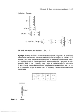 9.3 Ajuste de datos por mínimos cuadrados / 539 
Figura 4 
Solución. Se tiene 
MTM= [4 '1 6 14 
rll 
L41 
De modo que la recta buscada es y = l. 5 + x. A 
Ejemplo 2 La ley de Hooke en física establece que la longitud x de un resorte 
uniforme es una función lineal de la fuerza y que se le aplica al resorte. Si se 
escribe y = a + bx, entonces el coeficiente b se denomina constante del resor-te. 
Supóngase que un resorte particular sin estirar mide 6.1 pulgadas de lon-gitud 
(es decir, x = 6.1 cuando y = 0). Luego, al resorte se aplican fuerzas de 
2, 4 y 6 libras, encontrándose que las longitudes correspondientes son 7.6, 8.7 
y 10.4 pulgadas, respectivamente, (ver la figura 4). Encontrar la constante de 
este resorte. 
x, I 6.1 I 7.6 8.7 10.4 
+ Fuerzay 
 