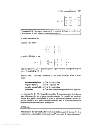 9.5 Formas cuadráticas / 557 
Teorema 9.5.3. Una matriz simétrica A es positiva definida si y sólo si el 
determinante de toda submatriz principal es positivo. 
Se omite la demostración. 
Ejemplo 6 La matriz 
es positiva definida, ya que 
2 - 
2 -1 - 3 
121=2, ;I =3, 
- 1 2 4 = I 
-3 4 9 
todos son positivos. Así, se garantiza que los eigenvalores de A son positivos y que 
xTAx > O para todo x #O. A 
OBSERVACI~N. Una matriz simétrica A y la forma cuadrática xTAx se deno-minan 
positiva semidefinida si xTAx 2 O para todo x. 
negativa dejinida si xTAx < O para x # O. 
negativa semidefinida si xTAx 5 O para todo x. 
indefinida si xTAx tiene valores tanto positivos como negativos. 
Los teoremas 9.5.2 y 9.5.3 se pueden modificar de manera evidente a fin de que 
sean válidos para los tres primeros tipos de matrices. Por ejemplo, una matriz si-métrica 
A es positiva semidefinida si y sólo si todos sus eigenvalores son no ne-gativos. 
También, A es positiva semidefinida si y sólo si todas sus submatrices 
principales tienen determinantes no negativos. 
OPCIONAL 
Demostración del teorema 9.5.la. Como A es simétrica, por el teorema 7.3.1 se 
concluye que existe una base ortonormal para R" que consta de eigenvectores de A. 
 