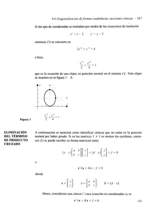 Figura 3 
9.6 Diagonalización de formas cuadráticas; secciones cónicas / 567 
Si los ejes de coordenadas se trasladan por medio de las ecuaciones de traslación 
x"x-3, y ' = y - 2 
entonces (3) se convierte en 
2x'2 + y'* = 4 
o bien, 
X-+I"2= I Y'* 
2 4 
que es la ecuación de una elipse en posición normal en el sistema x?. Esta elipse 
se muestra en la figura 3. A 
ELIMINACIóN A continuación se mostrará cómo identlficar cónicas que no están en la posición 
DEL TÉRMINO normal por haber girado. Si en las matrices 1 x 1 se omiten los corchetes, enton- 
DE PRODUCTO ces (2) se puede escribir en forma matrlcial como 
CRUZADO 
O 
donde 
x T A x + K x + f = O 
Ahora, considérese una cónica C cuya ecuación en coordenadas xy es 
x'Ax+Kx+ f = O 
 