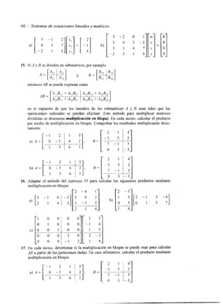 60 / Sistemas de ecuaciones lineales y matrices 
15. Si '4 y B se dividen en submatrices, por ejemplo 
entonces AB se puede expresacr omo 
en el supuesto de que los tamaños de las submatrices A y B sean tales que las 
operaciones Indicadas se puedan efectuar. Este método para multiplicar matrices 
divididas se denomina mukiplicwidn en bloque. En cada inciso, calcular el producto 
por medio de multiplicación en bloque. Comprobar los resultados multiplicando direc-tamente. 
2 I ' 
1 '- 1 2 1 1 5 
i 1 5 6 1 1 5=[ p; - 1 
""""""" 
O j - 3 
16. Adaptar el método del ejerciclo 15 para calcular los siguientes productos mediante 
multiplicación en bloque. 
1 4 1 5 1 5 7 "1 
1 4 
-2 
0 ; - 1 2 
17. En cada inciso, determinar si la multiplicación en bloque se puede usar para calcular 
AB a partir de las particiones dadas. En caso afmativo, calcular el producto mediante 
multiplicación en bloque. 
 