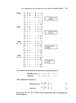 9.8 Comparación de procedimientos para resolver sistemas lineales i 585 
Paso 1 
Paso 
Paso 
(n - 2) 
Paso 
(n - 1) 
'1 O O ' . . @ o 1 x 
I 
0 1 O " ' 0 o j x 
o o 1 " ' 0 o j x 
. . . . . . . . . I . 
. ' 1 . f . . 
o o o ". I o j x 
-0 o o ". o 1 j 
1 O O . . . o o j x 
o 1 0 o o j x 
" ' o o 1 o o j x 
" ' .. . .. . .. . . I '. . I ' ' 1 . o o o . I . 
" ' 1 o j o 
o o o ' . ' o I / . 
.. .. .. . . l . . . . .. . I . . I . 
o o o " ' 1 o1 0 
o o o . . . o 1 ; . 
'1 o o . . ' o o I x-o 
1 o . . ' o 0 1 0 
o o 1 o 0 ; 0 
.. . .. . . .. 
. . I . 
' . ' I ' o o o . I ' 
' . ' 1 o j o 
,o o o o " ' 1 j 0 - 
n - 1 multiplicaciones 
n - 1 adiciones 
1n - 2 multiplicaciones 
n - 2 adiciones 
1 adición 
Así, el número de operaciones necesarias para la fase hacia atrás es 
Multiplicaciones: (n - 1) + (n - 2) + . . . + 2 + 1 
Adiciones: ( n - l ) + ( n - 2 ) + . . . + 2 + 1 
o bien, aplicando la fórmula (3), 
(n - l)n n2 n - "- 
Multiplicaciones: ~ - 
2 2 2 
(n - 1)n n2 n 
Adiciones: "- "- 
2 2 2 
Así, por (9, (6), (7) y (S), el conteo total de operaciones para la eliminación de 
Gauss-Jordan es 
 