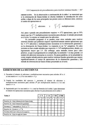 9.8 Comparación de procedimientos para resolver sistemalsin eales / 587 
OBSERVACI~N. En la observación a continuación de la tabla 1 se mencionó que 
si la eliminación de Gauss-Jordan se efectúa mediante la introducción de ceros 
arriba y abajo de los unos principales tan pronto como se obtienen éstos, entonces 
el conteo de operaciones es 
n3 n n3 n2 
2 2 2 2 
"- adiciones y - + - multiplicaciones 
Así, para n grande este procedimiento requiere = n3/2 operaciones, que es 50% 
mayor que las n3/3 multiplicaciones necesarias para efectuar el método presentado 
en el texto. Lo mismo sec umple para las adic;' ones. 
Es razonable preguntar si se pueden crear otros métodos para resolver 
sistemas lineales que pudieran requerir sigmficativamente menos operaciones que 
las = n3/3 adiciones y multiplicaciones necesarias en la eliminación gaussiana y 
en la eliminación de Gauss-Jordan. La respuesta es un "sí" categórico. En años 
recientes se han creado métodos que requieren = Cnq multiplicaciones, donde q es 
ligeramente mayor que 2.5. Sin embargo, estos métodos tienen poco valor 
práctico, ya que su programación es complicada, la constante C es muy grade y el 
número de adiciones necesarias es excesivo. En pocas palabras, en la actualidad no 
existe ningún método práctico para resolver sistemas lineales generales que mejore 
sigruficativamente el conteo de operaciones de la eliminación gaussiana y del 
método de eliminación de Gauss-Jordan presentado en el texto. 
EJERCICIOS DE LA SECCION 9.8 
1. Encontrar el número de adiciones y multiplicaciones necesarias para calcular AB si A 
esunamatrizm X nyBesunamatrizn x p . 
2. Usando los resultados del ejercicio 1, encontrar el número de adiciones y 
multiplicaciones necesarias para calcular Ak por multiplicación directa si A es una 
matriz n X n. 
3. Suponiendo que A es una matriz n X n, usar las fórmulas de la tabla 1 para determinar 
el número de operaciones necesarias para efectuar los procedimientos de la tabla 3. 
Tabla 3 
Resolver Ax = b por la regla de Cramer 
" . . . ." 
 