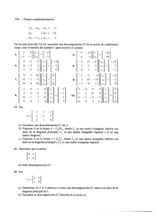 598 / Temas complementarios 
3x1 - 6x2 - 3x3 = -3 
2x1 + 6x3 = -22 
-4x1 + 7x2 + 4x, = 3 
En los ejercicios del 3 al 10, encontrar una descomposición LU de la matriz de coeficientes; 
luego, usar el método del ejemplo 1 para resolver el sistema 
=[-;I 
11. Sea 
2 -; a] 
1 - 
A = [ - : a) Encontrar una descomposición LU de A 
b) Expresar A en la forma A = L,DU,, donde L, es una matriz triangular inferior con 
unos en la diagonal principal, U, es una matriz triangular superior y D es una 
matnz diagonzl. 
c) Expresar A en la forma A = L2U2, donde L, es una matriz tnangular inferior con 
unos en la diagonal principal y U2 es una matriz tnangular superior. 
12. Demostrar que la matriz 
no tiene descomposición LU. 
13. Sea 
a) Demostrar: Si A f O entonces A tiene una descomposición LU única con unos en la 
diagonal principal de I.. 
b) Encontrar la descomposición LU descrita en el inciso a). 
 