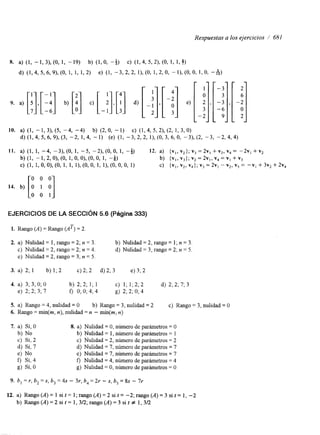 Respuestas a los ejercicios / 681 
EJERCICIOS DE LA SECCIóN 5.6 (Página 333) 
1. Rango (A) = Rango (AT) = 2 
2. a) Nulidad = 1, rango = 2; n = 3. b) Nulidad = 2, rango = 1; n = 3. 
c) Nulidad = 2, rango = 2; n = 4. d) Nulidad = 3, rango = 2; n = 5. 
e) Nulidad = 2, rango = 3; n = 5. 
3. a) 2; 1 b) 1; 2 c) 2; 2 d) 2; 3 e) 3; 2 
4. a) 3; 3; O; O b) 2; 2; 1; 1 c) 1; 1;2;2 d) 2; 2; 7; 3 
e) 2; 2; 3; 7 f, O; o; 4; 4 g) 2; o; 4 
5. a) Rango = 4, nulidad = O b) Rango = 3, nulidad = 2 c) Rango = 3, nulidad = 0 
6. Rango = &(m, n), nulidad = n - mín(mj n) 
7. a) Sí, O 8. a) Nulidad = O, número de parámetros = O 
b) No b) Nulidad = 1, número de parámetros = 1 
c) si, 2 c) Nulidad = 2, número de parámetros = 2 
d) Sí, 7 d) Nulidad = 7, número de parámetros = 7 
e) No e) Nulidad = 7, número de parámetros = 7 
f, sí, 4 f, Nulidad = 4, número de parámetros = 4 
8) si, 0 g) Nulidad = O, número de parámetros = O 
9. b, = r, b, = S, b, = 4s - 3r, b, = 2r - S, b, = 8s - 7r 
12. a) Rango (A) = 1 si t = 1; rango (A) = 2 si t = -2; rango (A) = 3 si t = 1, -2 
b) Rango (A) = 2 si t = 1,312; rango (A) = 3 si f f 1,312 
 