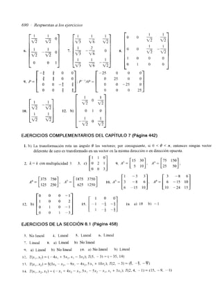 690 Respuestas a los ejercicios 
I o -v5 
1 o - 
o 0 
1 0 
% 
25 
EJERCICIOS COMPLEMENTARIOS DEL CAPíTULO 7 (Página 442) 
1. b) La transformación rota u11 hgulo 0 los vectores; por consiguiente, si O < 0 < x, entonces ningún vector 
diferente de cero es transformado en un vector en la misma dirección o en dirección opuesta. 
l i 0 
2. L=kconmultiplicidad 3. 3 . c) [O 2 1 1 Y. A * = [ ' : A3 = [ 2 575 15500 ]. 
0 0 3 
375 750 1875 3750 
-3 -8 
A4 = [ 125 SO], = [ 625 ,:,o] -15 10 
IO -24 15 
EJERCICIOS DE LA SECCIóN 8.1 (Página 458) 
 