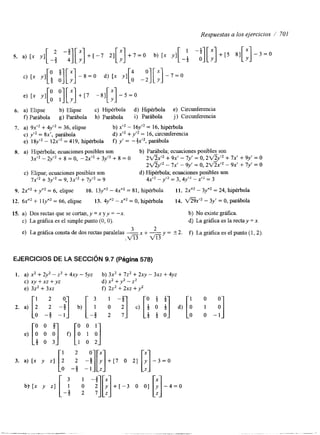 Respuestas a los ejercicios 1 701 
6. a) Elipse b) Elipse c) Bpérbola d) fipérbola e) Circunferencia 
f) Parábola g) Parábola h) Parábola i) Parábola j ) Circunferencia 
7. a) 9x” + 4 ~= ‘36,~ eli pse b) x” - 16y” = 16, hipérbola 
c) yf2 = 8x’, parábola d) x” +y” = 16, circunferencia 
e) 18y” - 12x” = 419, hipérbola f) y’ = -+x’2, parábola 
8. a) fipérbola, ecuaciones posibles son b) Parábola; ecuaciones posibles son 
3x’2 - 2y’2 + 8 = o, - 2x’2 + 3y’2 + 8 = o 2 V w 2 + 9x’ - 7y’ = o, 2V5y12 + 7x’ + 9y’ = o 
2v5yQ - 7x’ - 9y’ = o, 2v5Xf2 - 9x’ + 7y’ = o 
c) Elipse; ecuaciones posibles son d) Hipérbola; ecuaciones posibles son 
7x’2 + 3y‘2 = 9, 3x‘2 + 7y’2 = 9 4-p - y’2 A’=, , 3, - = 3 
9. 2xn2+ y”’ = 6, elipse IO. 13~”’- 4 ~= “81,~ hip érbola 11. 2x”’ - 3y”’ = 24, hipérbola 
12. 6x”’ + 1 ly”’ = 66, elipse 13. 4y“’ - x”’ = O, hipérbola 14. m x ” - 3y’ = O, parábola 
15. a) Dos rectas que se cortan, y = x y y = --x. b) No existe gráfica. 
c) La gráfica es el simple punto (O, O). d) La gráfica es la recta y = x. 
e ) La gráfica consta de dos rectas paralelas -3 x + -2 y = 2 2. f-) La gráfica es el punto (1,2) ,m m 
EJERCICIOS DE LA SECCIóN 9.7 (Página 578) 
1. a) x2 + 2y2 - z2 + 4xy - 5yz b) 3x2 + 7z2 + 2xy - 3x2 + 4yz 
c) x y + x z + y z d ) X 2 y 2 - z 2 
e) 3z2+ 3x2 f-) 2z2 + 2xz + y2 
[: -!] [ O ’ L 
[i 2. a) o -4 - b) -2 c) P i 0 o -1 
d) [i y :] 
[: 2 
3. a) [x y z] 2 -;]r]+[7 O 21 [:]--3=o 
o -4 -1 2 
 