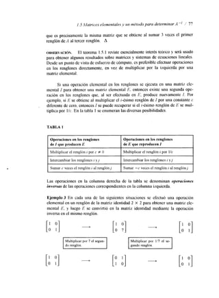 1.5 Matrices elementules,v un método pura determinar A” / 77 
que es precisamente la misma matriz que se obtiene al sumar 3 veces el primer 
renglón de A al tercer renglón. A 
Si una operación elemental en los renglones se ejecuta en una matriz ele-mental 
I para obtener una matriz elemental E, entonces existe una segunda ope-ración 
en los renglones que, al ser efectuada en E, produce nuevamente I. Por 
ejemplo, si E se obtiene al multiplicar el i-ésimo renglón de I por una constante c 
diferente de cero, entonces I se puede recuperar si el i-ésimo renglón de E se mul-tiplica 
por llc. En la tabla l se enumeran las diversas posibilidades. 
TABLA 1 
Operaciones en los renglones 
de Z que producen E de E que reproducen I 
Multiplicar el renglón i por c f O 
Operaciones en los renglones 
Multiplicar el renglón i por 1 /c 
Intercambiar los renglones i y J Intercambiar los renglones i y j 
Las operaciones en la columna derecha de la tabla se denominan operaciones 
inversas de las operaciones correspondientes en la columna izquierda. 
Ejemplo 3 En cada una de las siguientes situaciones se efectuó una operación 
elemental en un renglón de la matriz identidad 2 X 2 para obtener una matriz ele-mental 
E, y luego E se convirtió en la matriz identidad mediante la operación 
inversa en el mismo renglón. 
[: Y] 
[t :] 
renglón. I 
[Y A] 
Multiplicar por 7 el segun- I Multiplicar por 1/7 el se-gundo 
 