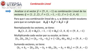 Combinación Lineal
Analizar si el vector Ԧ
𝑝 = 9 , 4 , −1 es combinación Lineal de los
vectores: Ԧ
𝑞 = 1 , 2 , 2 , Ԧ
𝑟 = 1 , −1 , −1 , Ԧ
𝑠 = −2 , 4 , 4
Para que t sea combinación lineal de u, v, w deben existir escalares
para que se cumpla que: 𝒌𝟏𝒒 + 𝒌𝟐𝒓 + 𝒌𝟑𝒔 = 𝒑
Reemplazando los vectores, se tiene:
𝒌𝟏 1 , 2 , 2 + 𝒌𝟐 1 , −1 , −1 + 𝒌𝟑 −2 , 4 , 4 = 9 , 4 , −1
Multiplicando cada vector por su escalar, se tiene:
𝑘1, 2𝑘1, 2𝑘1 + 𝑘2, −𝑘2, −𝑘2 + −2𝑘3, 4𝑘3, 4𝑘3 = 9 , 4 , −1
Sumando vectores, se tiene:
𝑘1 + 𝑘2 − 2𝑘3, 2𝑘1 − 𝑘2 + 4𝑘3, 2𝑘1 − 𝑘2 + 4𝑘3 = 9 , 4 , −1
 