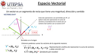 Un vector es un segmento de recta que tiene una magnitud, dirección y sentido
YYY
X
Y
(X0, Y0)
Anclados en el origen
v
u
U+V
C. V C € Ɽ
Estas dos operaciones son permitidas por R2 , al
aplicar estas dos operaciones la suma de
vectores y el producto de un vector por un
número real vuelve a ser un vector en R2
U+V
C. V
V = (X0 , Y0 )
U = (X1 , Y1)
VECTORES EN R2
(X1 , Y1)
Entonces podemos sumar los vectores de la siguiente manera:
V + U = (X0 + X1 , Y0 + Y1) Representación analítica de representar la suma de vectores
y debe coincidir con*
C. V = (CX0 ,CY0) * (producto por escalar)
Espacio Vectorial
 